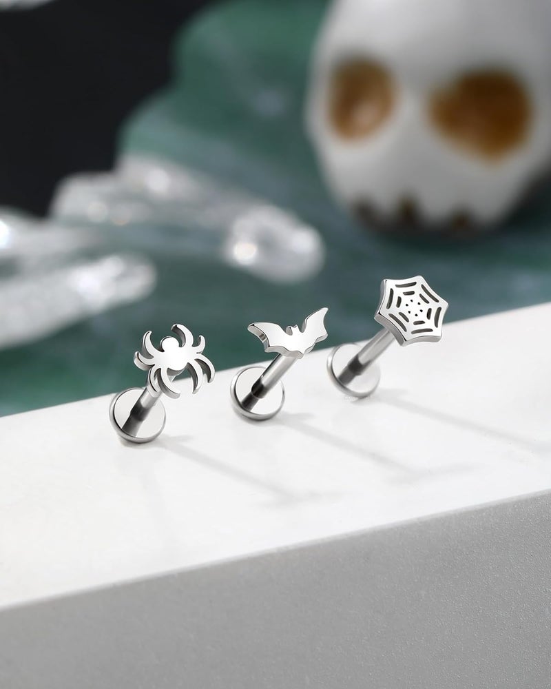 COCHARM 3Pcs Bat Spider Cartilage Earring 16g Flat Back Cartilage Piercing Jewelry Halloween Helix Jewelry 8mm Silver Web Conch Stud Funny Labret Stud for Women Men - Image 5